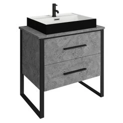 Arezzo Countertop Basin Unit - Concrete-Effect with Black Frame - 800mm inc. Gloss Black Basin