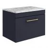 Arezzo Wall Hung Countertop Vanity Unit - Matt Blue - 600mm w. Matt White Marble Worktop & Brass Handle -Countertop Vanity Units Sales AZB6WHWBBM p