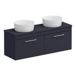 Arezzo Matt Blue Wall Hung Double Countertop Vanity Unit incl. 2 Basins (1200mm w. Brushed Brass Handles) -Countertop Vanity Units Sales AZBWHBB12RB detail3 460