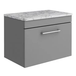 Arezzo Wall Hung Countertop Vanity Unit - Matt Grey - 600mm w. Matt White Marble Worktop & Chrome Handle