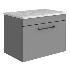 Arezzo Wall Hung Countertop Vanity Unit - Matt Grey - 600mm w. Matt White Marble Worktop & Black Handle