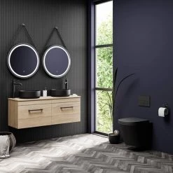 Arezzo Rustic Oak Wall Hung Double Countertop Vanity incl. 2 Matt Black Basins (1200mm w. Black Handles) -Countertop Vanity Units Sales AZOWHMB12RBB d4 460