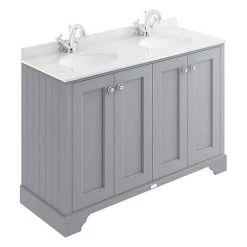 Bayswater Plummett Grey 1200mm 4 Door Vanity Unit & 1TH White Marble Double Bowl Basin Top