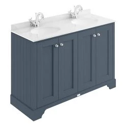 Bayswater Stiffkey Blue 1200mm 4 Door Vanity Unit & 1TH White Marble Double Bowl Basin Top