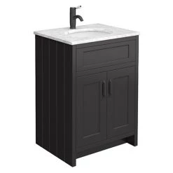 Chatsworth Graphite 610mm Vanity with White Marble Basin Top + Matt Black Handles