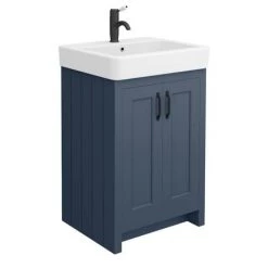 Chatsworth Traditional Blue Double Basin Vanity + Cupboard Combination Unit with Matt Black Handles -Countertop Vanity Units Sales CBLU142PKMB d2 460