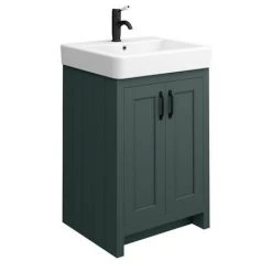Chatsworth Traditional Green Double Basin Vanity + Cupboard Combination Unit with Matt Black Handles -Countertop Vanity Units Sales CGRN142PKMB d2 460