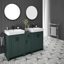 Chatsworth Traditional Green Double Basin Vanity + Cupboard Combination Unit with Matt Black Handles -Countertop Vanity Units Sales CGRN142PKMB d4 460