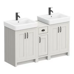 Chatsworth Traditional Grey Double Basin Vanity + Cupboard Combination Unit with Matt Black Handles