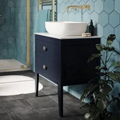 Crosswater Canvass Deep Indigo Blue 600mm Double Drawer Unit with Carrara Marble Effect Worktop -Countertop Vanity Units Sales CV600WLIB D3 460