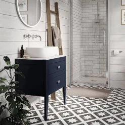 Crosswater Canvass Deep Indigo Blue 600mm Double Drawer Unit with Carrara Marble Effect Worktop -Countertop Vanity Units Sales CV600WLIB D4 460