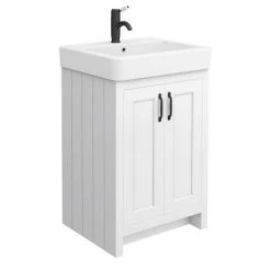 Chatsworth Traditional White Double Basin Vanity + Cupboard Combination Unit with Matt Black Handles -Countertop Vanity Units Sales CWHT142PKMB d2 460