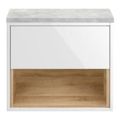 Haywood Gloss White / Natural Oak Wall Hung Countertop Vanity - 600mm w. Open Shelf + Bellato Grey Worktop -Countertop Vanity Units Sales HYWWH6GWT d1 460