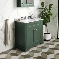 Old London 1000mm Cabinet & Single Bowl Grey Marble Top - Hunter Green -Countertop Vanity Units Sales LOF878 D2 460