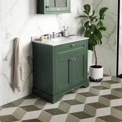 Old London 800mm Cabinet & Single Bowl White Marble Top - Hunter Green -Countertop Vanity Units Sales OLMT800HG d1 460