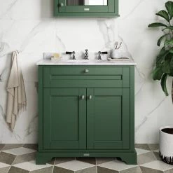 Old London 800mm Cabinet & Single Bowl White Marble Top - Hunter Green -Countertop Vanity Units Sales OLMT800HG d3 460