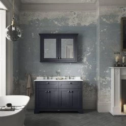 Old London 1200mm Cabinet & Double Bowl White Marble Top - Twilight Blue -Countertop Vanity Units Sales OLWM12TB d2 460