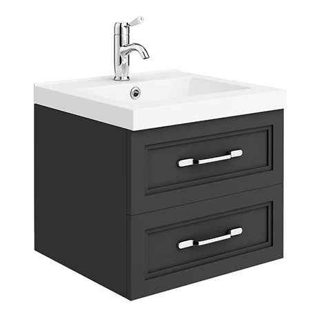 Period Bathroom Co. Wall Hung Vanity - Matt Black - 500mm 2 Drawer with Chrome Handles 3 Period Bathroom Co. Wall Hung Vanity - Matt Black - 500mm 2 Drawer with Chrome Handles