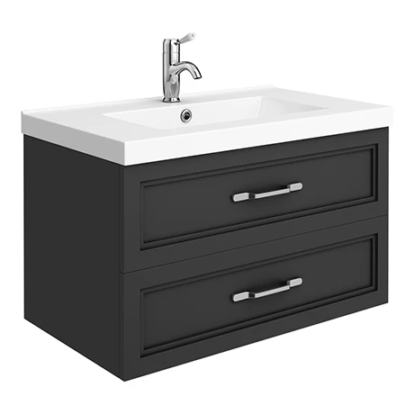 Period Bathroom Co. Wall Hung Vanity - Matt Black - 800mm 2 Drawer with Chrome Handles 3 Period Bathroom Co. Wall Hung Vanity - Matt Black - 800mm 2 Drawer with Chrome Handles
