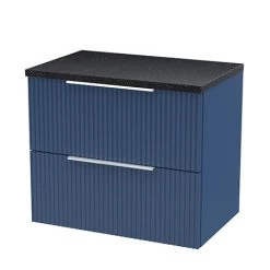 Venice Fluted 600mm Blue Vanity Unit - Wall Hung 2 Drawer Unit with Black Worktop & Chrome Handles