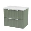 Venice Fluted 600mm Green Vanity Unit - Wall Hung 2 Drawer Unit with White Worktop & Chrome Handles -Countertop Vanity Units Sales VFGRE6WWT M