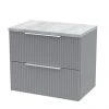 Venice Fluted 600mm Grey Vanity Unit - Wall Hung 2 Drawer Unit with Bellato Grey Worktop & Chrome Handles -Countertop Vanity Units Sales VFGRY6CGWT m