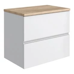 Venice Linea 600mm Satin White Vanity - Wall Hung 2 Drawer Unit with Rustic Oak Worktop