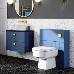 Venice Abstract 600mm Blue Vanity Unit - Wall Hung 2 Drawer Unit with Black Worktop & Brushed Brass Handles -Countertop Vanity Units Sales VWH6BLUBLKB d3 460