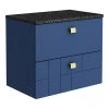 Venice Abstract 600mm Blue Vanity Unit - Wall Hung 2 Drawer Unit with Black Worktop & Brushed Brass Handles -Countertop Vanity Units Sales VWH6BLUBLKB p
