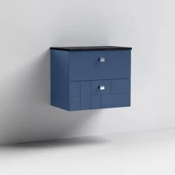 Venice Abstract 600mm Blue Vanity Unit - Wall Hung 2 Drawer Unit with Black Worktop & Chrome Handles -Countertop Vanity Units Sales VWH6BLUBLK D1 460