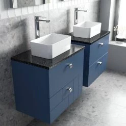 Venice Abstract 600mm Blue Vanity Unit - Wall Hung 2 Drawer Unit with Black Worktop & Chrome Handles -Countertop Vanity Units Sales VWH6BLUBLK D2 460