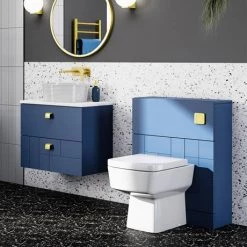 Venice Abstract 600mm Blue Vanity Unit - Wall Hung 2 Drawer Unit with White Worktop & Brushed Brass Handles -Countertop Vanity Units Sales VWH6BLUWHIB d3 460