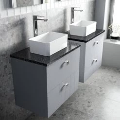 Venice Abstract 600mm Grey Vanity Unit - Wall Hung 2 Drawer Unit with Black Worktop & Chrome Handles -Countertop Vanity Units Sales VWH6GREBLK D2 460
