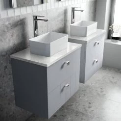 Venice Abstract 600mm Grey Vanity Unit - Wall Hung 2 Drawer Unit with White Worktop & Chrome Handles -Countertop Vanity Units Sales VWH6GREWHI D2 460