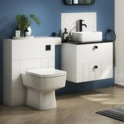 Venice Abstract 600mm White Vanity - Wall Hung 2 Drawer Unit with Black Worktop & Matt Black Handles -Countertop Vanity Units Sales VWH6WHIBLKB d4 460