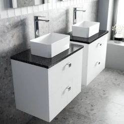 Venice Abstract 600mm White Vanity Unit - Wall Hung 2 Drawer Unit with Black Worktop & Chrome Handles -Countertop Vanity Units Sales VWH6WHIBLK D1 460