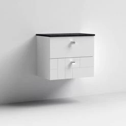 Venice Abstract 600mm White Vanity Unit - Wall Hung 2 Drawer Unit with Black Worktop & Chrome Handles -Countertop Vanity Units Sales VWH6WHIBLK D2 460
