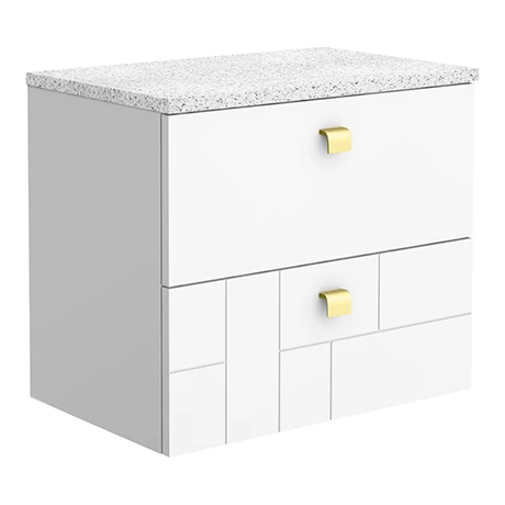 Venice Abstract 600mm White Vanity Unit - Wall Hung 2 Drawer Unit with White Worktop & Brushed Brass Handles 3 Venice Abstract 600mm White Vanity Unit - Wall Hung 2 Drawer Unit with White Worktop & Brushed Brass Handles