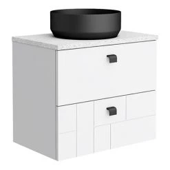 Venice Abstract 600 White Vanity - Wall Hung 2-Drawer Unit w. White Worktop, Round Matt Black Basin & Handles