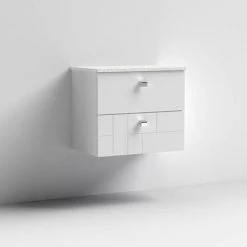 Venice Abstract 600mm White Vanity Unit - Wall Hung 2 Drawer Unit with White Worktop & Chrome Handles -Countertop Vanity Units Sales VWH6WHIWHI D1 460