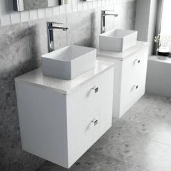 Venice Abstract 600mm White Vanity Unit - Wall Hung 2 Drawer Unit with White Worktop & Chrome Handles -Countertop Vanity Units Sales VWH6WHIWHI D2 460